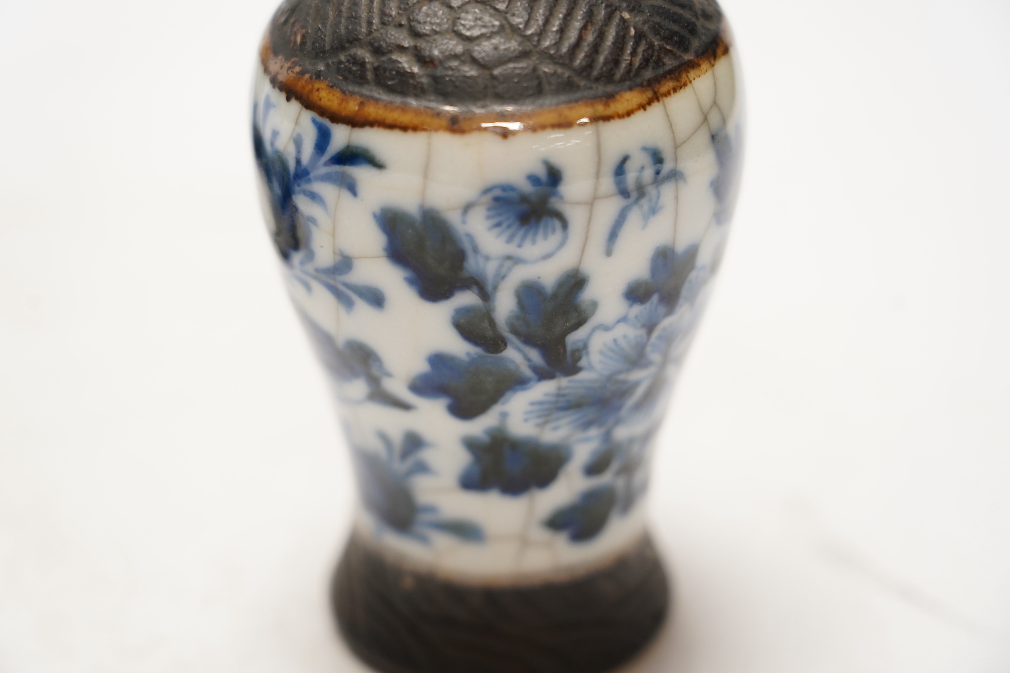 Chinese blue and white ceramics comprising crackle glaze vases and circular seal pots (4). Condition - fair to good, a few minor chips
